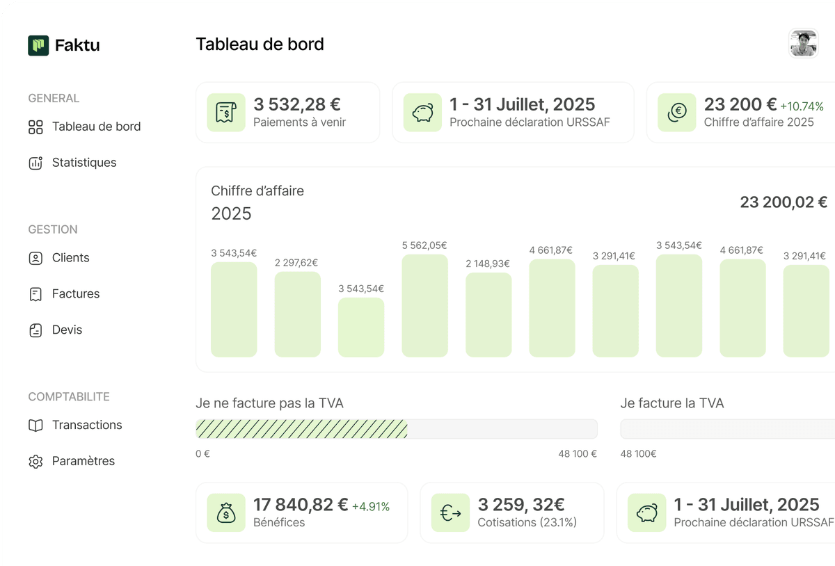 Interface du logiciel de facturation Faktu avec création de facture