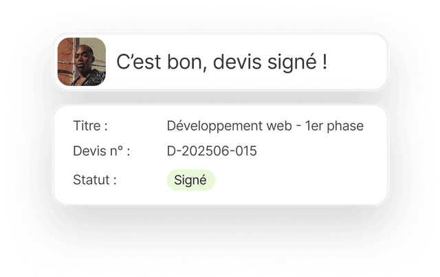 Notification de signature électronique de devis freelance